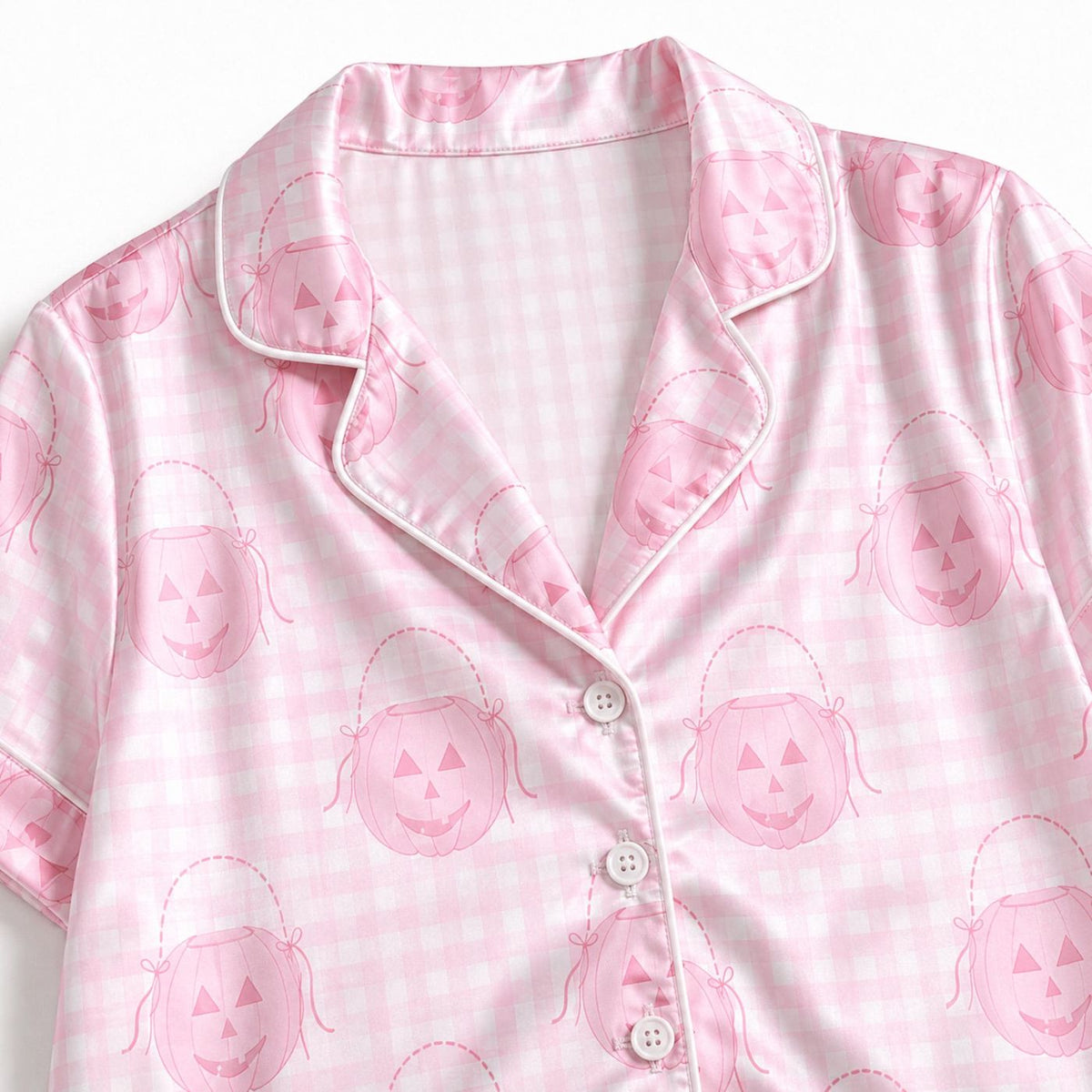 Cozy Pink Halloween Pumpkin Satin Pajama Set Jack O Lantern & Gingham Check Pattern