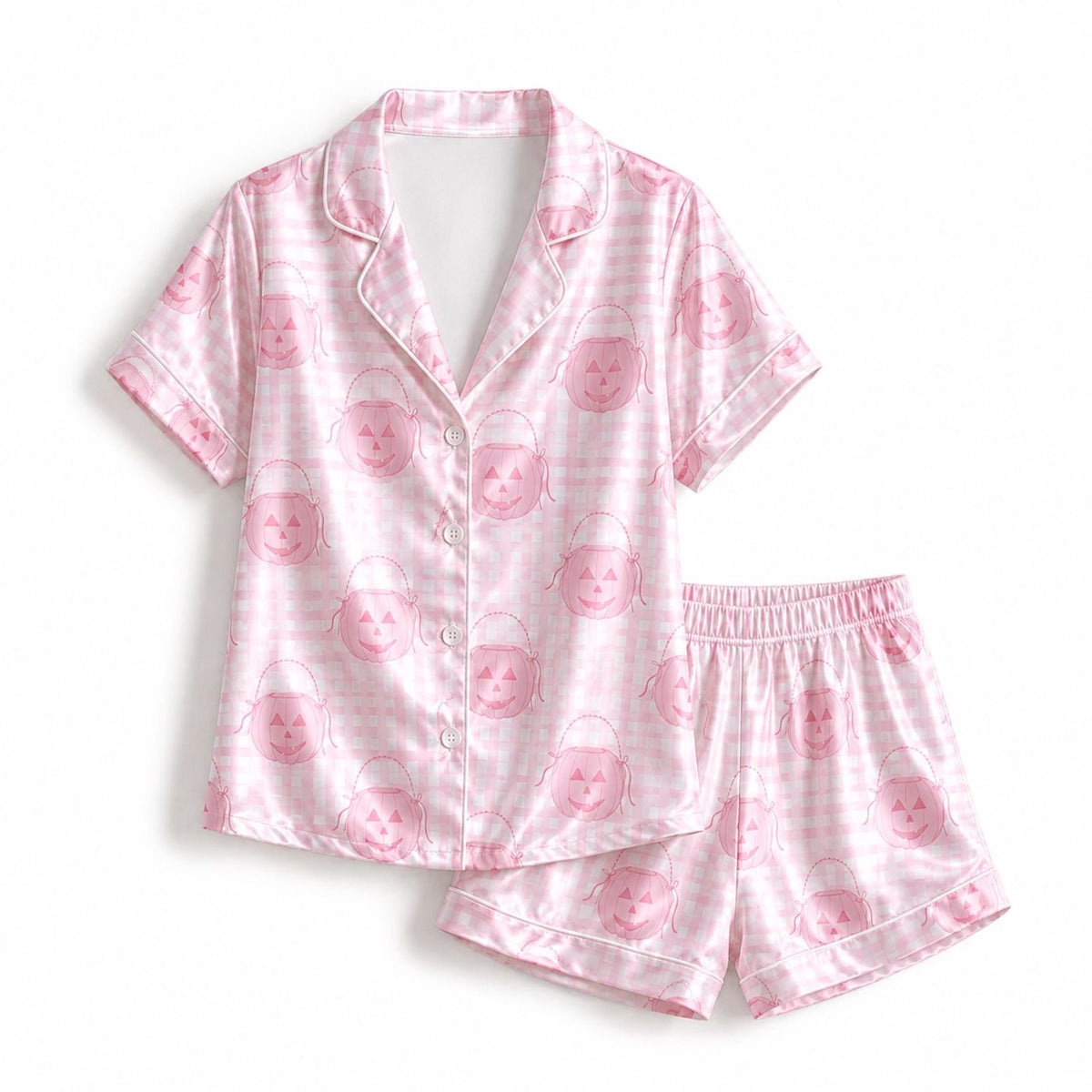 Pink Halloween Pumpkin Satin Pajama Set - Cozy Sleepwear with Jack O Lantern & Gingham Check Pattern
