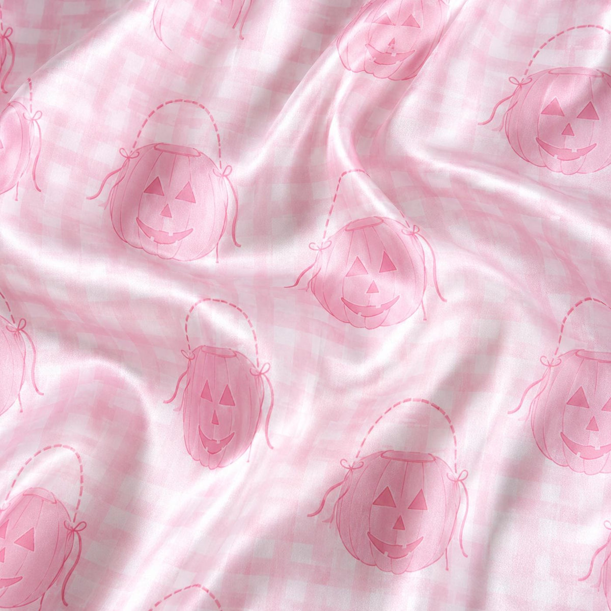 Pink Halloween Pumpkin Satin Pajama Set - Cozy Sleepwear with Jack O Lantern & Gingham Check Pattern