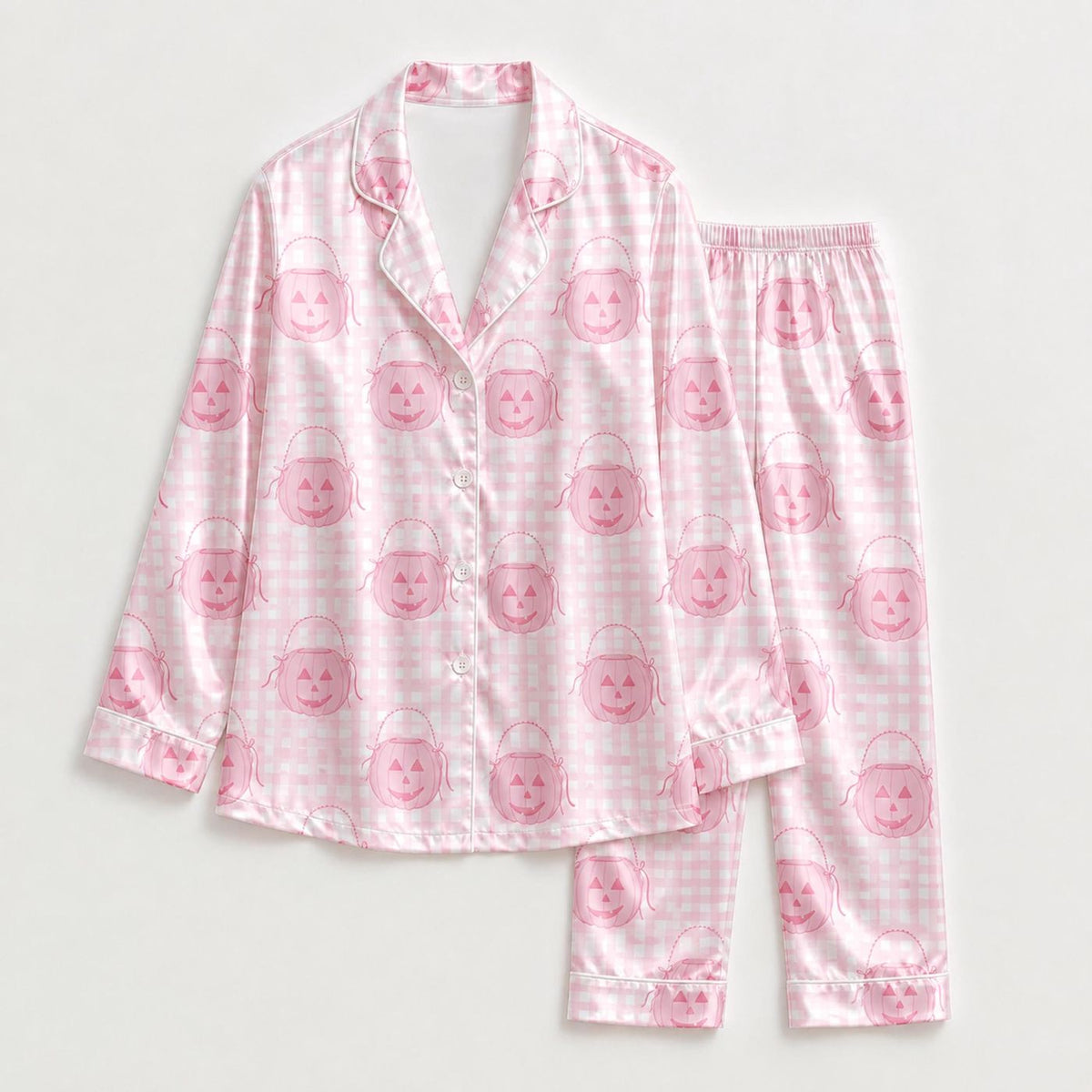 Pink Halloween Pumpkin Satin Pajama Set - Cozy Sleepwear with Jack O Lantern & Gingham Check Pattern