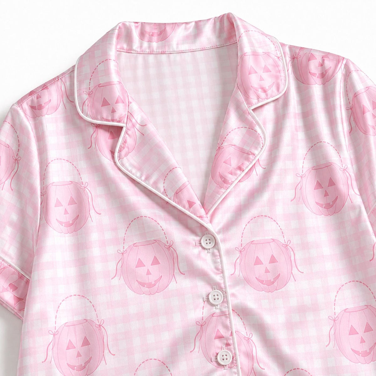 Pink Halloween Pumpkin Satin Pajama Set - Cozy Sleepwear with Jack O Lantern & Gingham Check Pattern