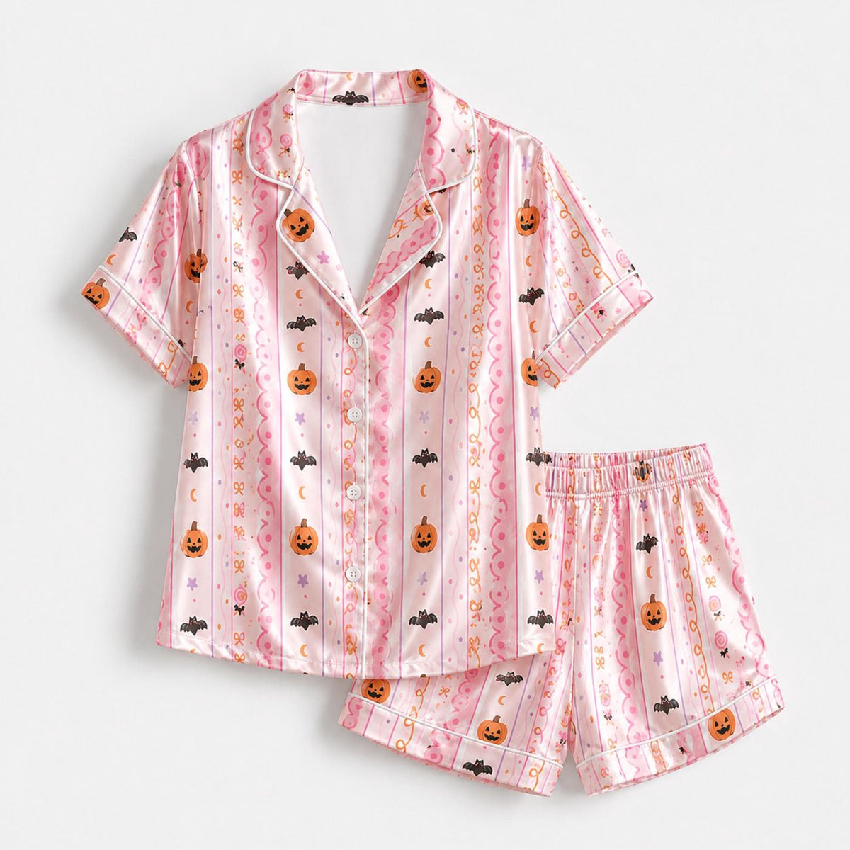 Cozy Pink Halloween Satin Pajama Set with Jack O Lantern & Bat Pattern