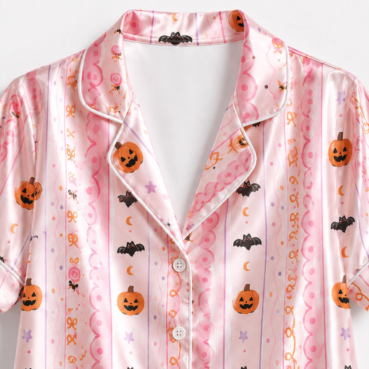 Cozy Pink Halloween Satin Pajama Set with Jack O Lantern & Bat Pattern
