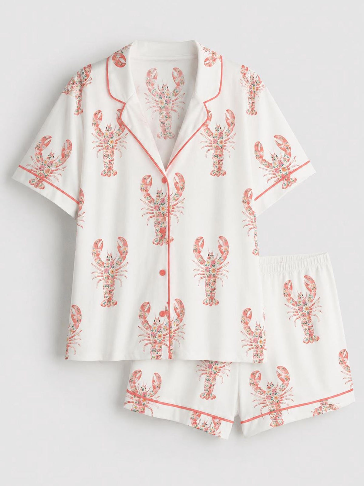 Coastal Grandmillennial Pink Lobster Pajama Set for Women: Cute Nautical Lounge Set Summer Beach Sleepwear