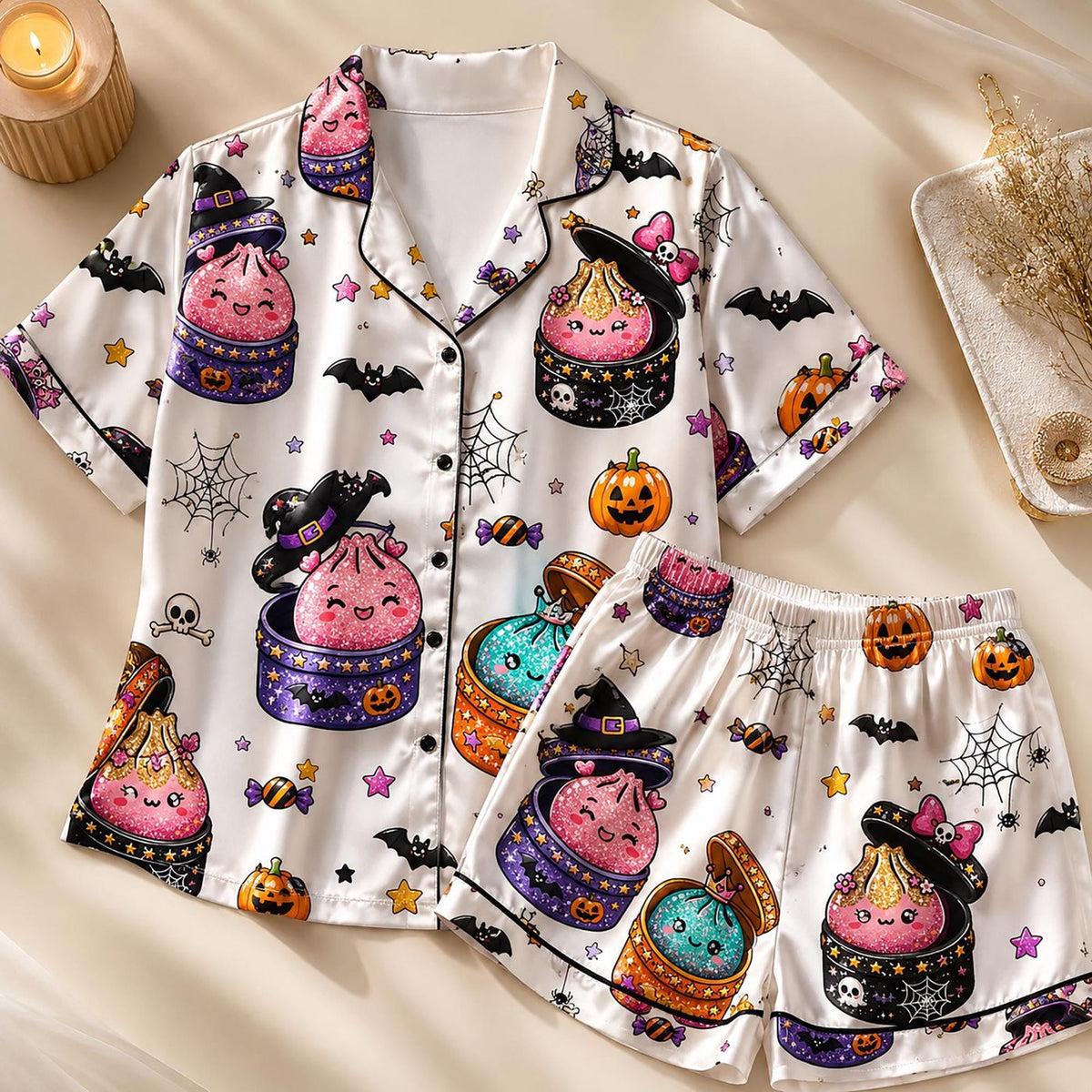 Pink Monster Halloween Pajamas: Spooky Kawaii Satin PJ Set for Her