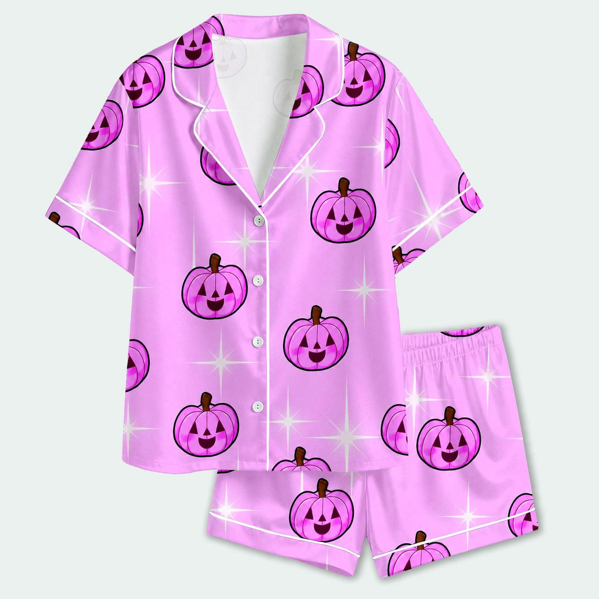Playful Pink Pumpkin Satin Pajama Set with Jack O Lantern Pattern for Halloween