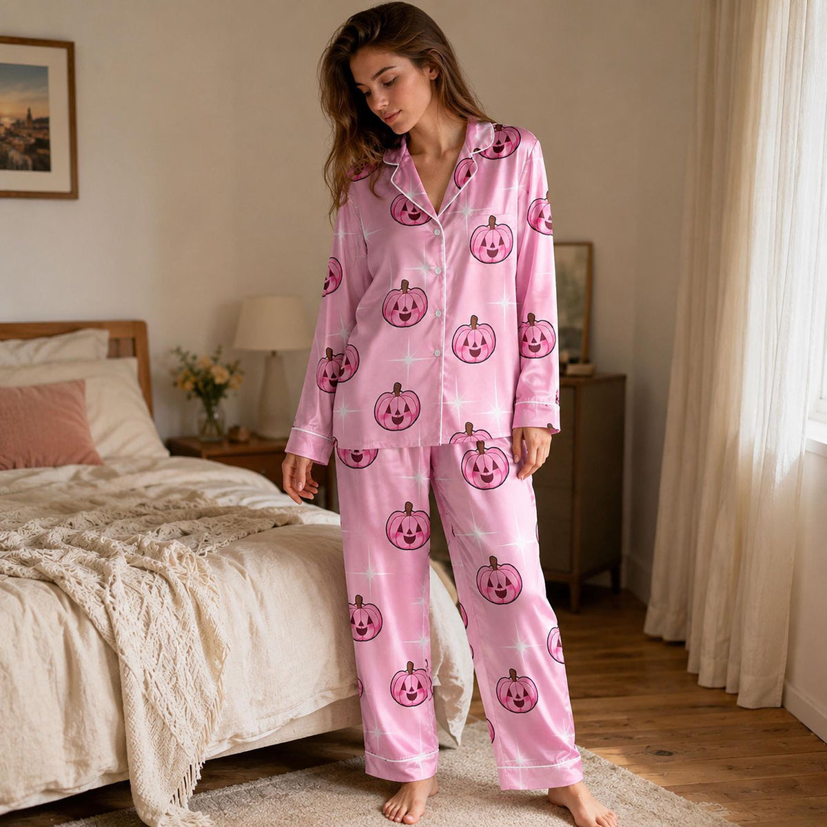 Playful Pink Pumpkin Satin Pajama Set with Jack O Lantern Pattern for Halloween
