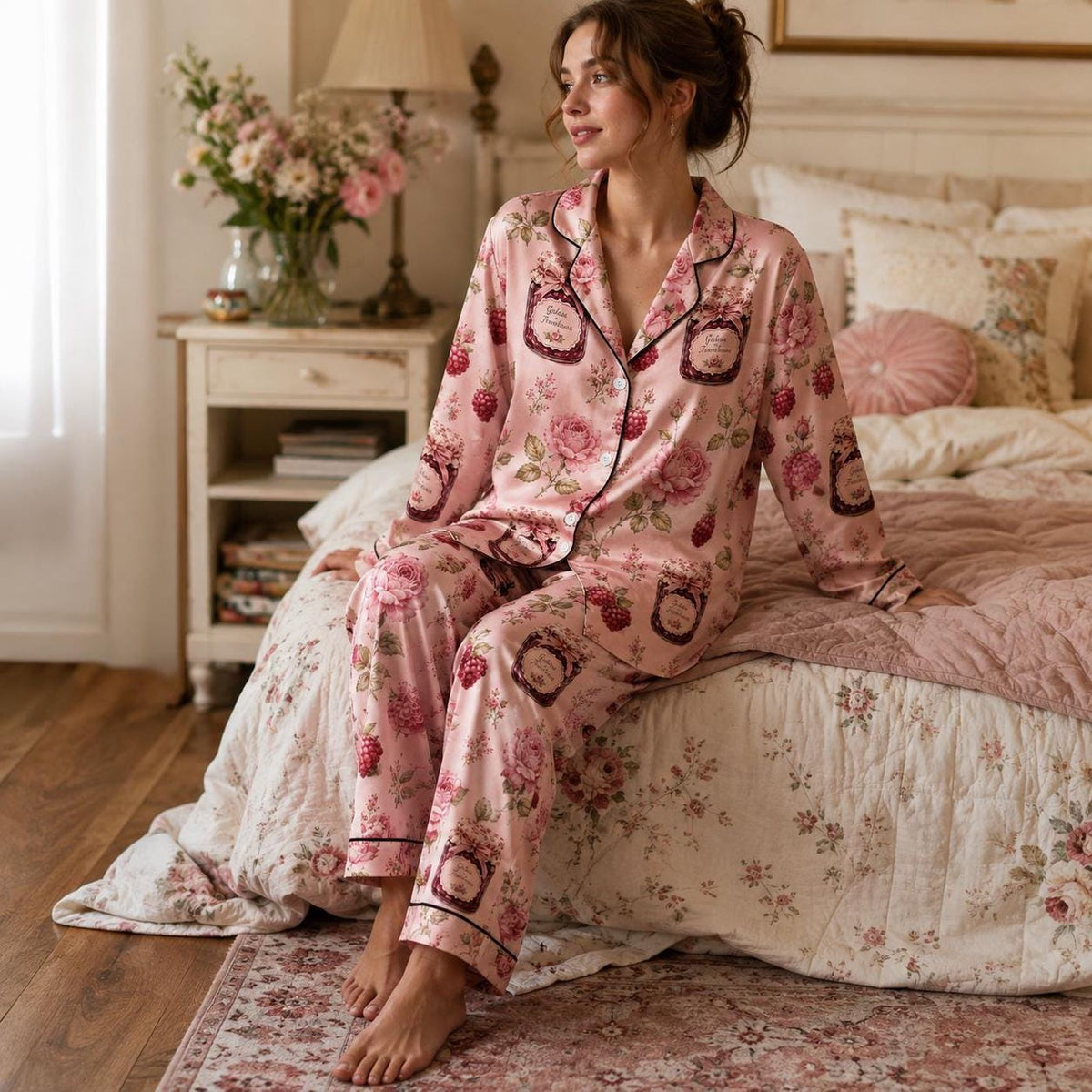 Cozy Pink Raspberry Satin Pajama Set with Floral Pattern - Ideal for Sweet Dreams