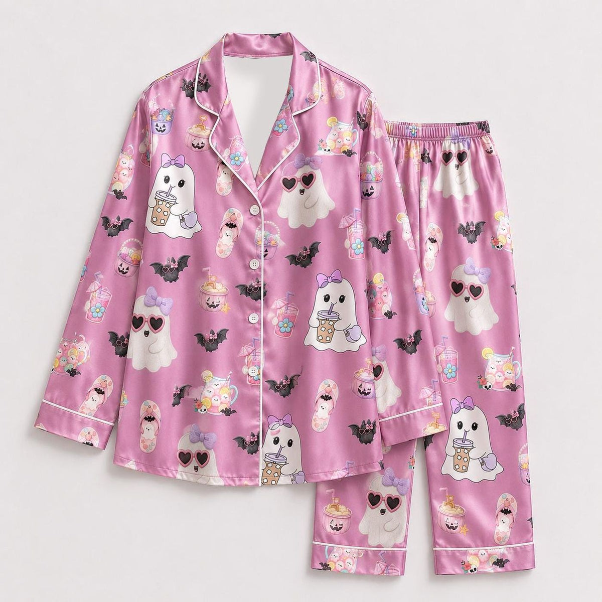 Pink Ghosts Bats Drinks Bows Halloween Satin Pajama Set Sleepwear