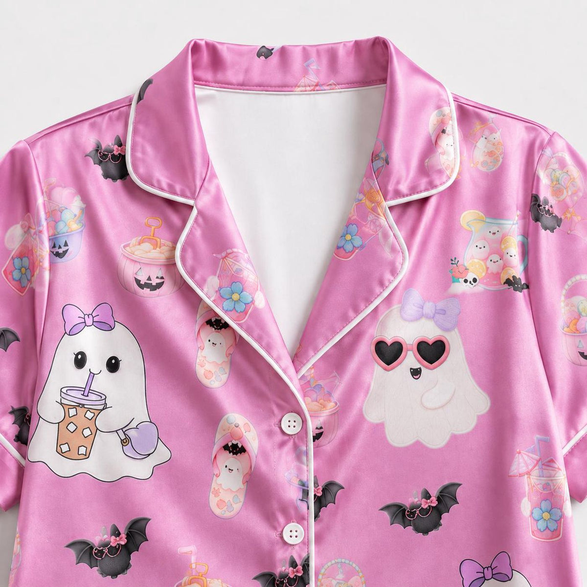 Pink Satin Halloween Pajama Set: Ghosts Bats Drinks Bows - Spooky Sleepwear