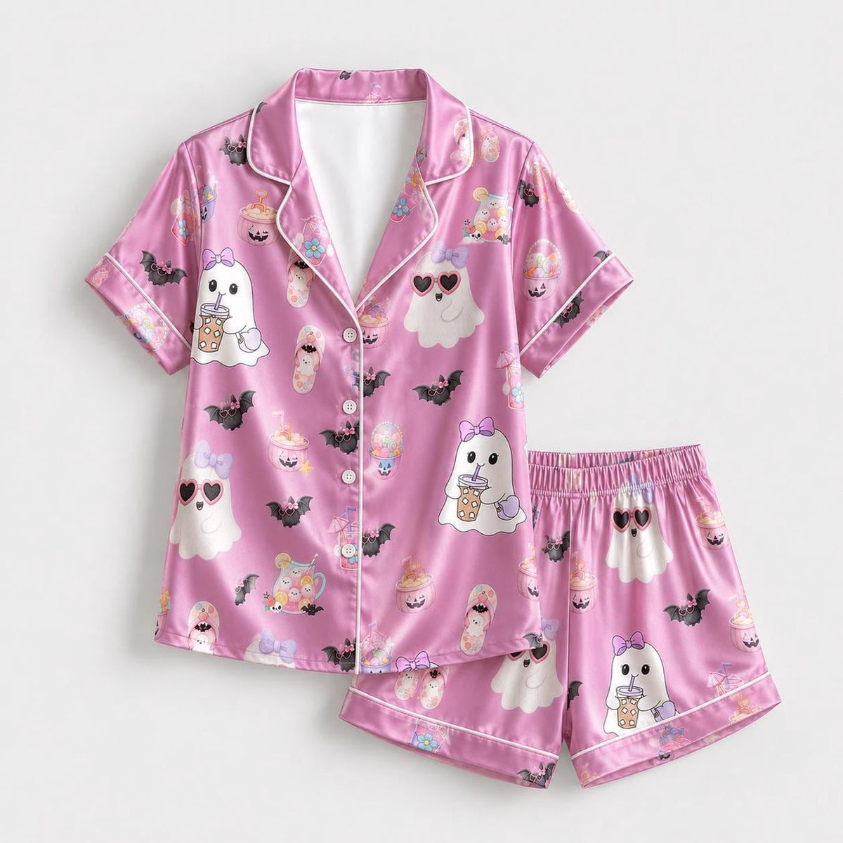 Pink Satin Halloween Pajama Set: Ghosts Bats Drinks Bows - Spooky Sleepwear