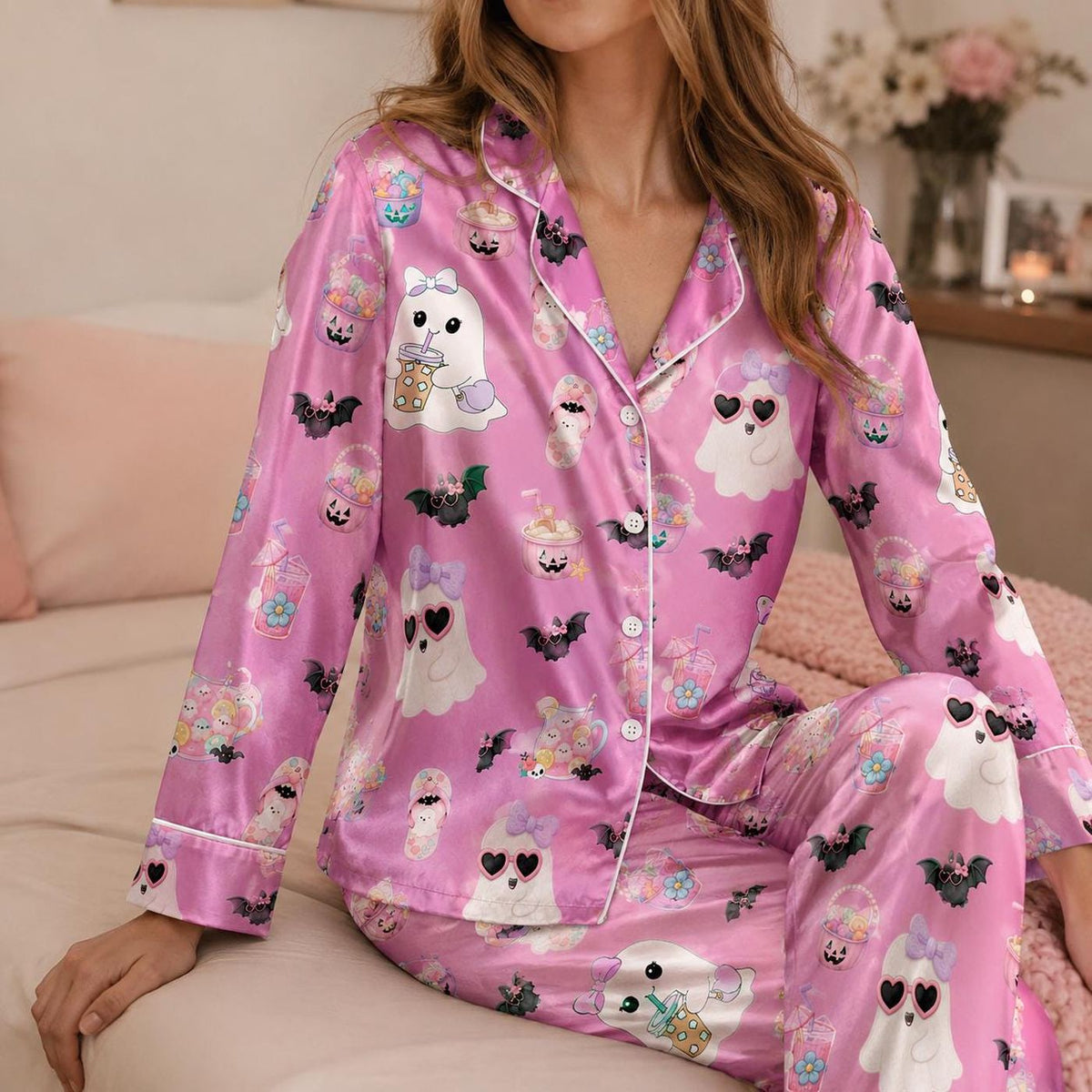 Pink Ghosts Bats Drinks Bows Halloween Satin Pajama Set Sleepwear