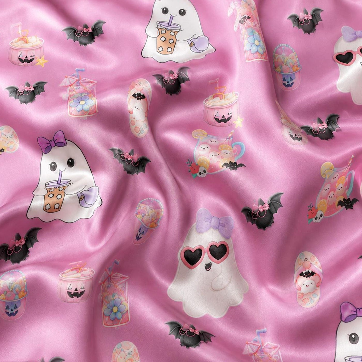 Pink Ghosts Bats Drinks Bows Halloween Satin Pajama Set Sleepwear
