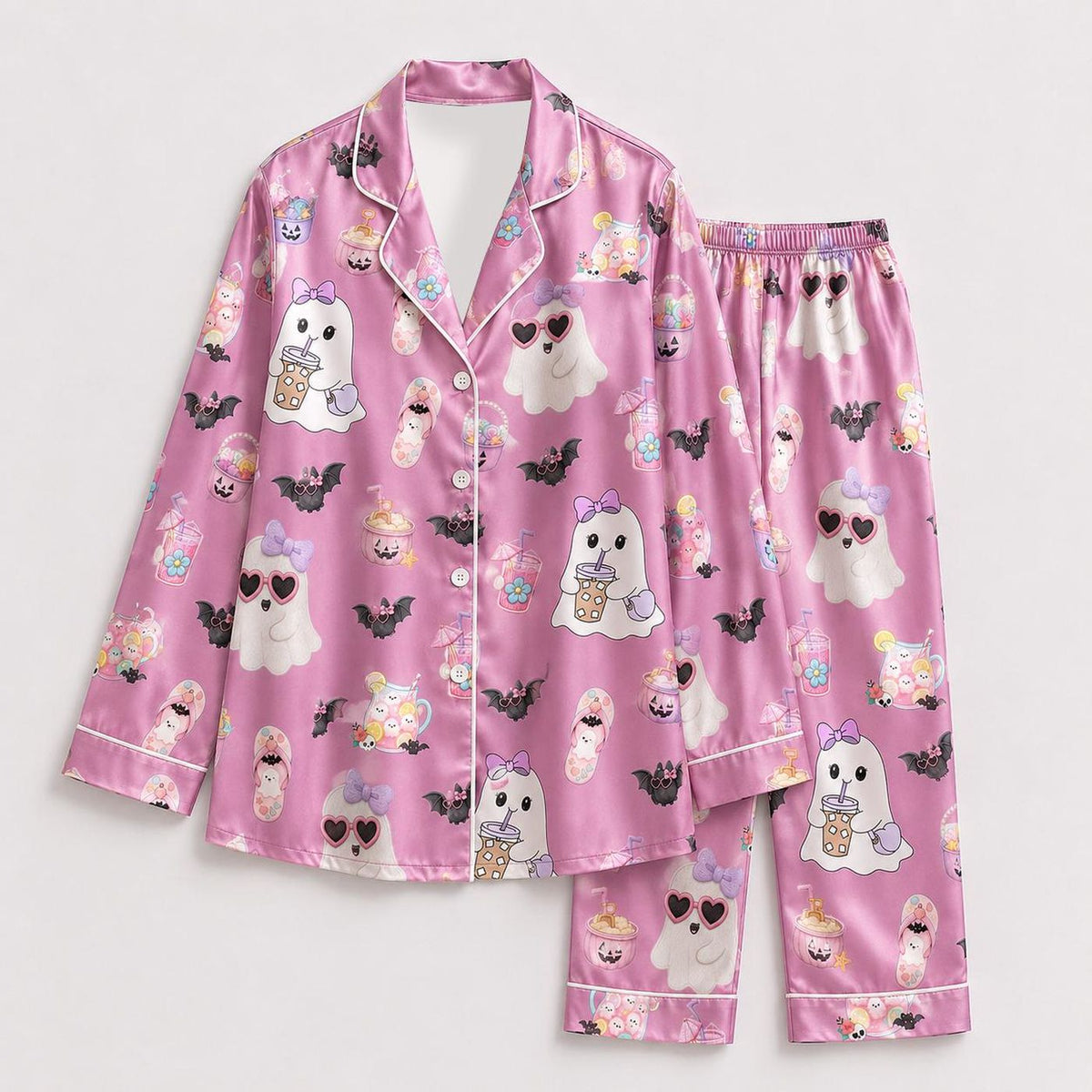Pink Satin Halloween Pajama Set: Ghosts Bats Drinks Bows - Spooky Sleepwear