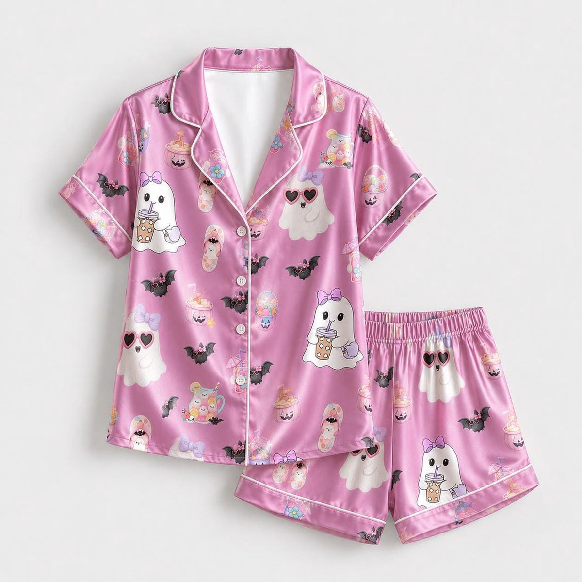 Pink Ghosts Bats Drinks Bows Halloween Satin Pajama Set Sleepwear