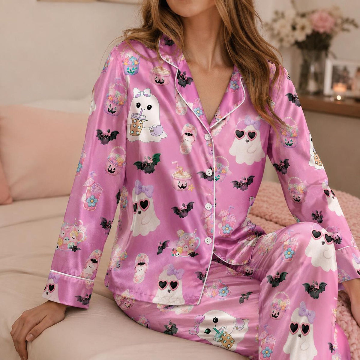 Pink Satin Halloween Pajama Set: Ghosts Bats Drinks Bows - Spooky Sleepwear