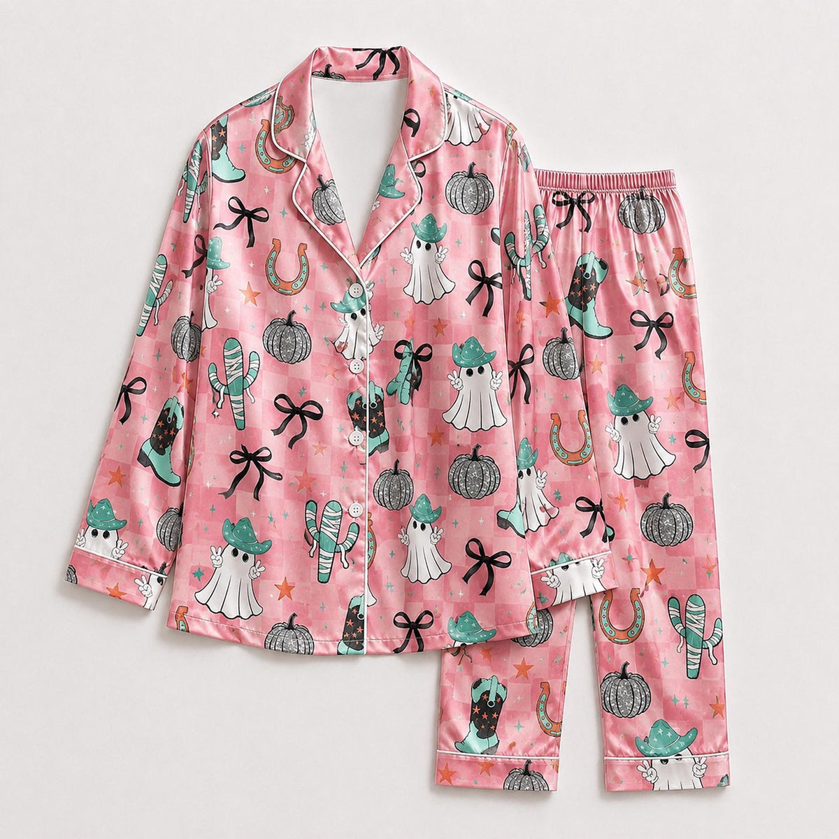 Pink Satin Pajama Set with Halloween Ghosts Cats Pumpkins and Cowboy Boots