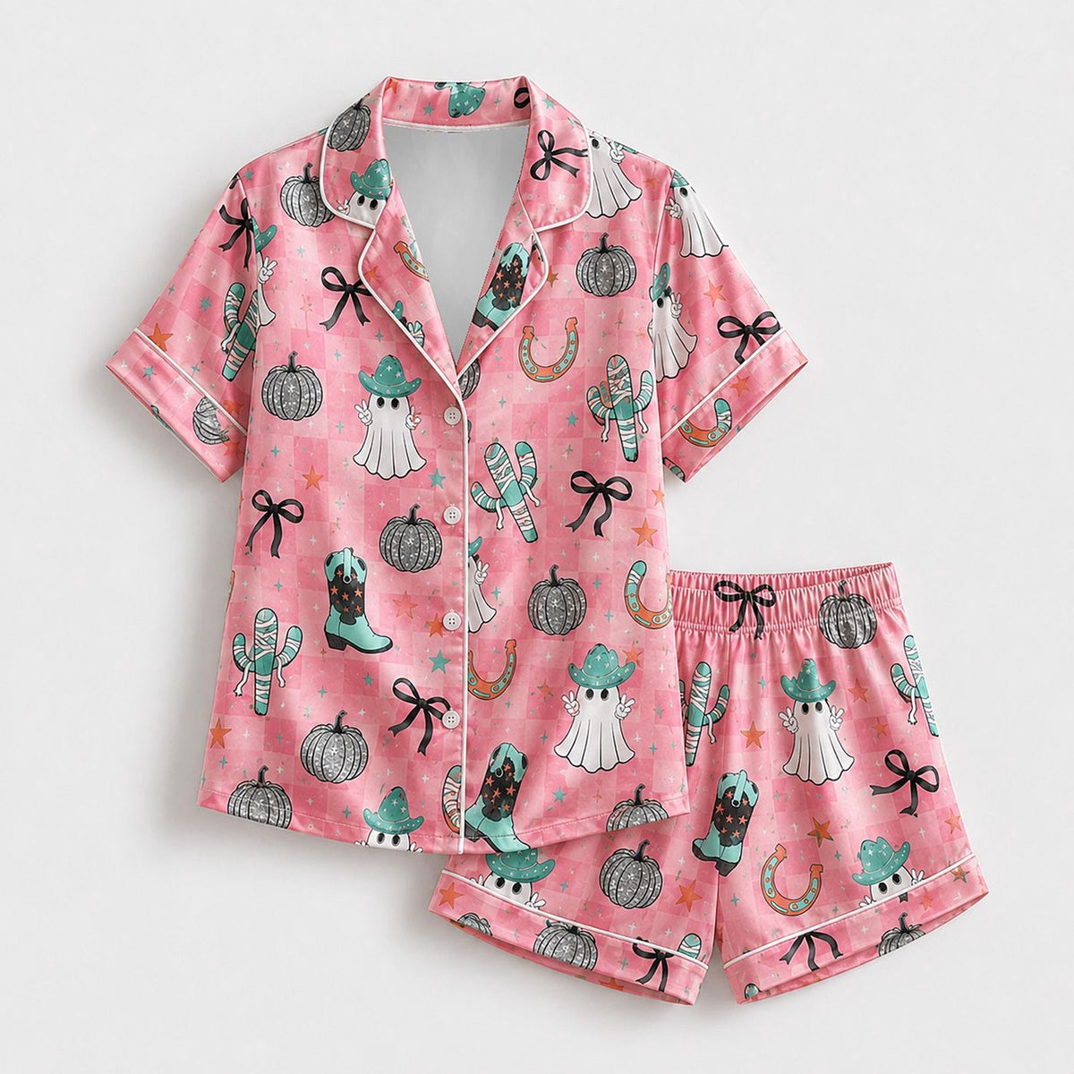 Pink Satin Pajama Set with Halloween Ghosts Cats Pumpkins and Cowboy Boots