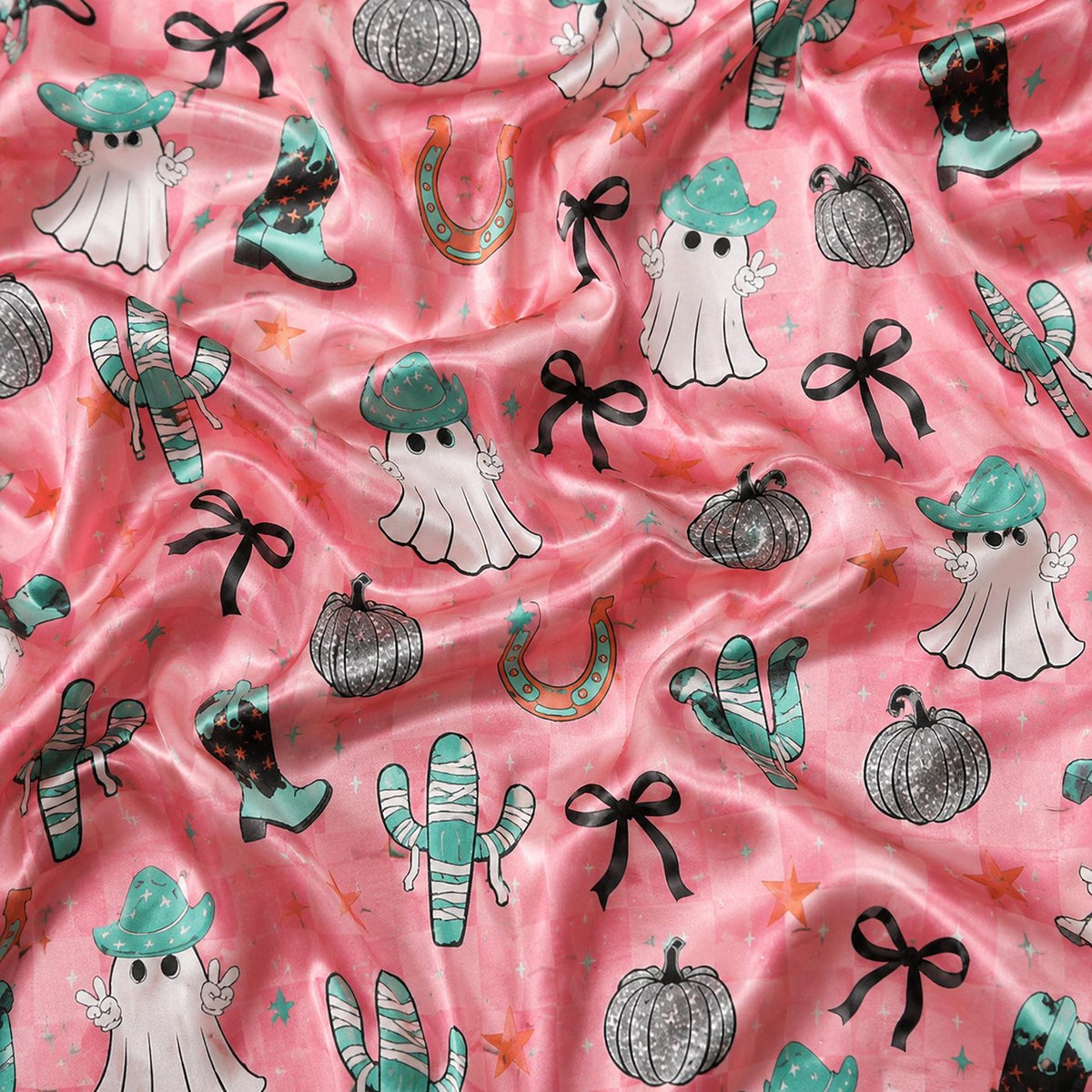 Pink Satin Pajama Set with Halloween Ghosts Cats Pumpkins and Cowboy Boots
