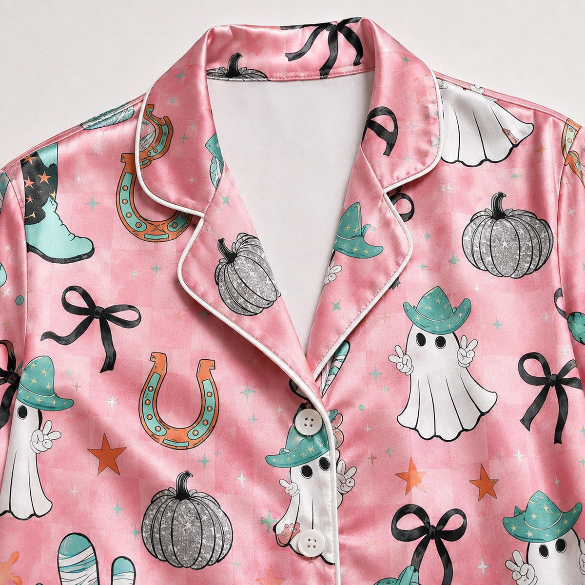 Pink Satin Pajama Set with Halloween Ghosts Cats Pumpkins and Cowboy Boots