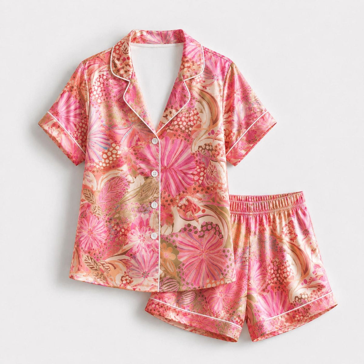 Vintage Pink Satin Retro Pajamas with Coral Floral Sleeves - Loungewear Collection