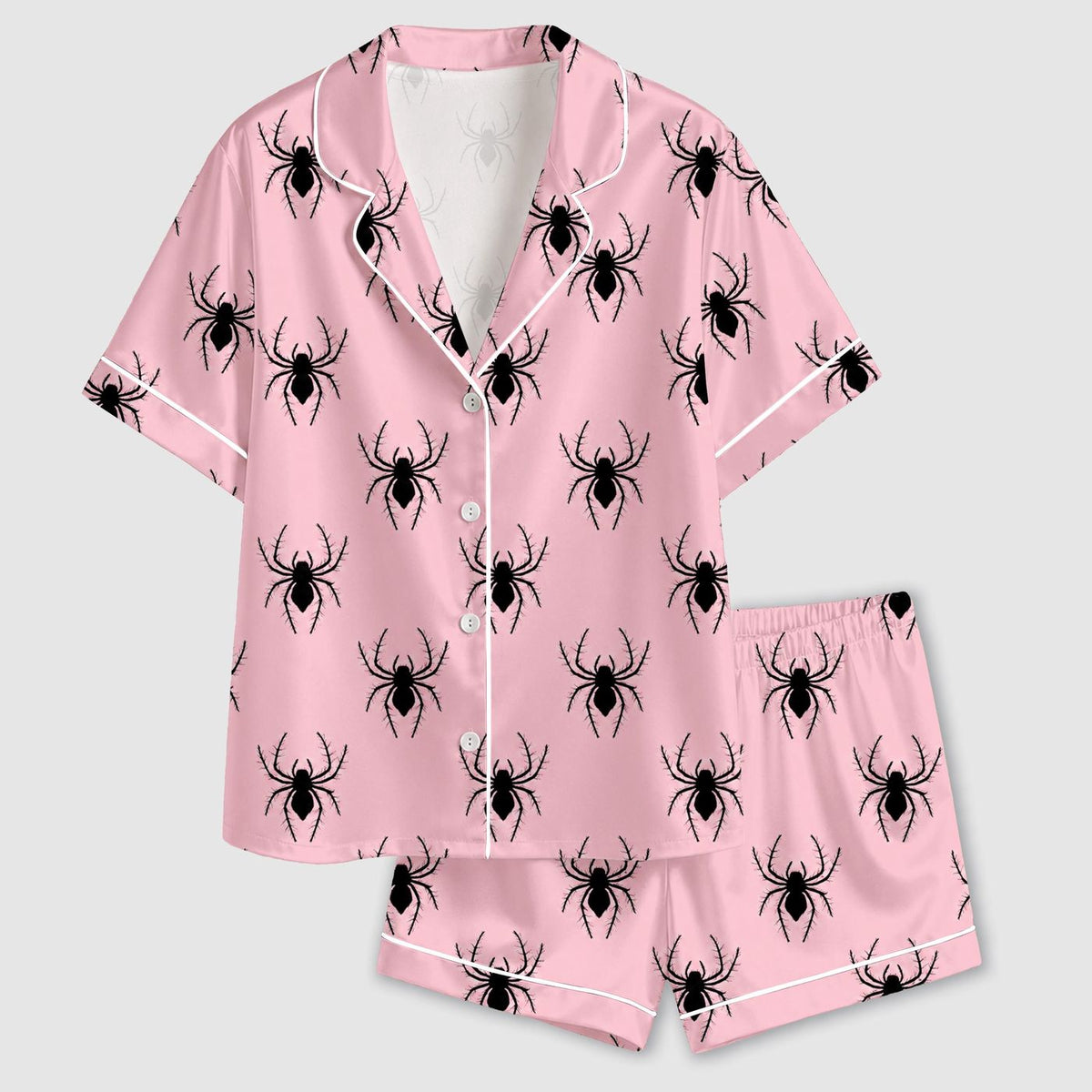Cozy Pink Spider Satin Pajama Set: Minimalist Halloween Pattern for Spooky Sleepwear