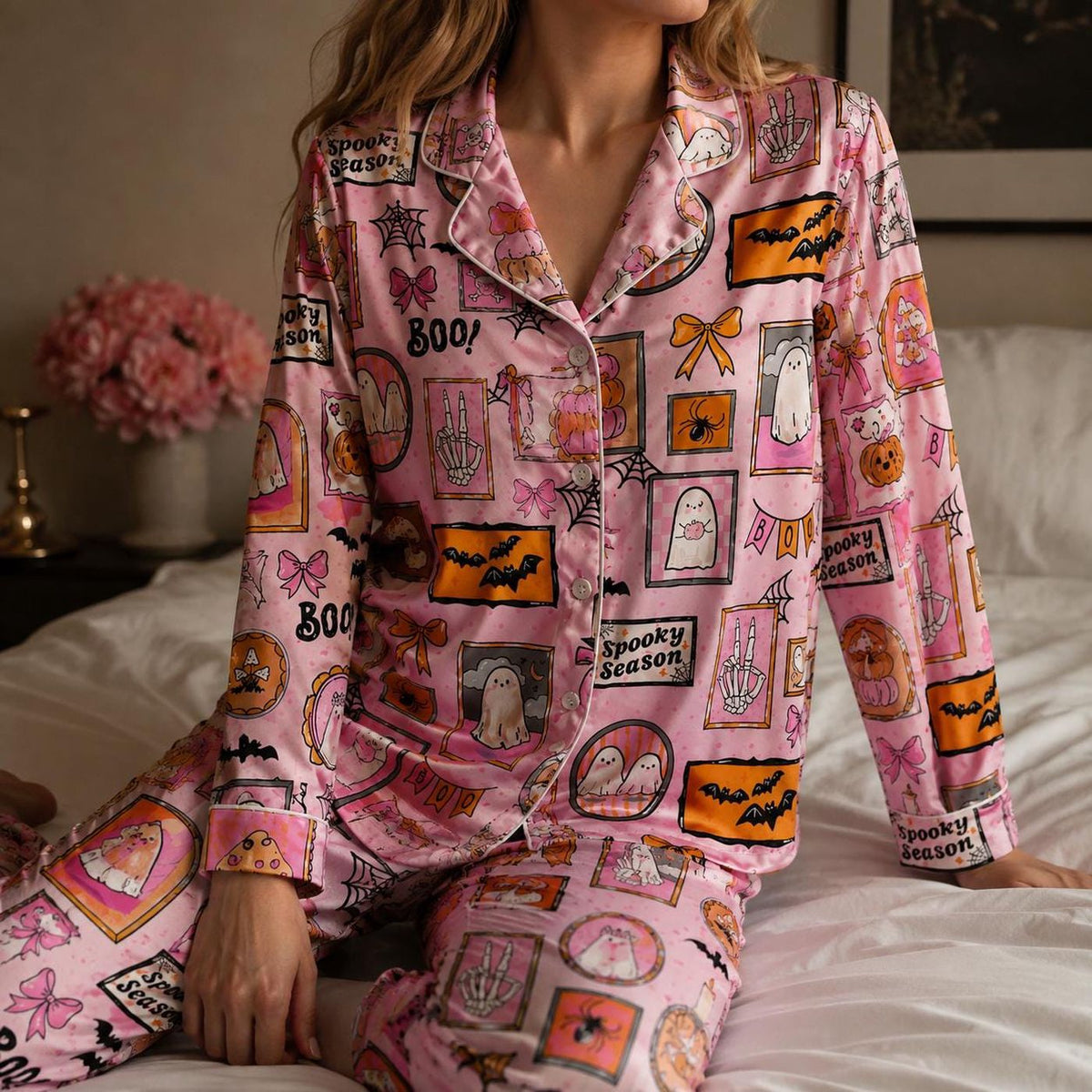 Pink Spooky Ghost Pumpkin Bat Bow Satin Pajama Set