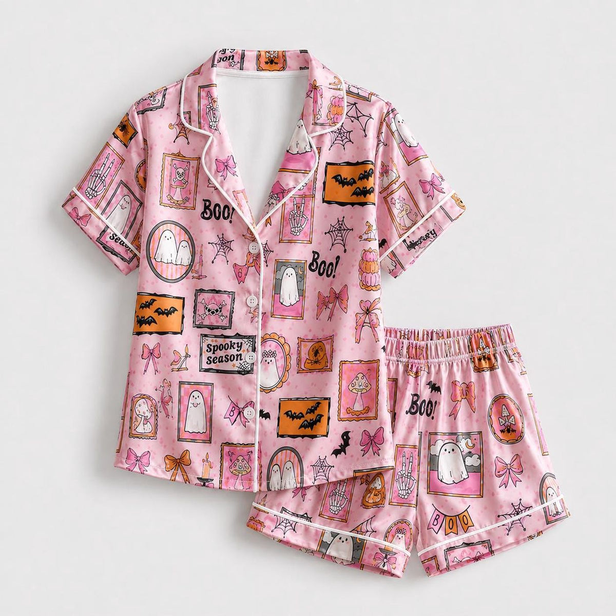 Pink Spooky Ghost Pumpkin Bat Bow Satin Pajama Set