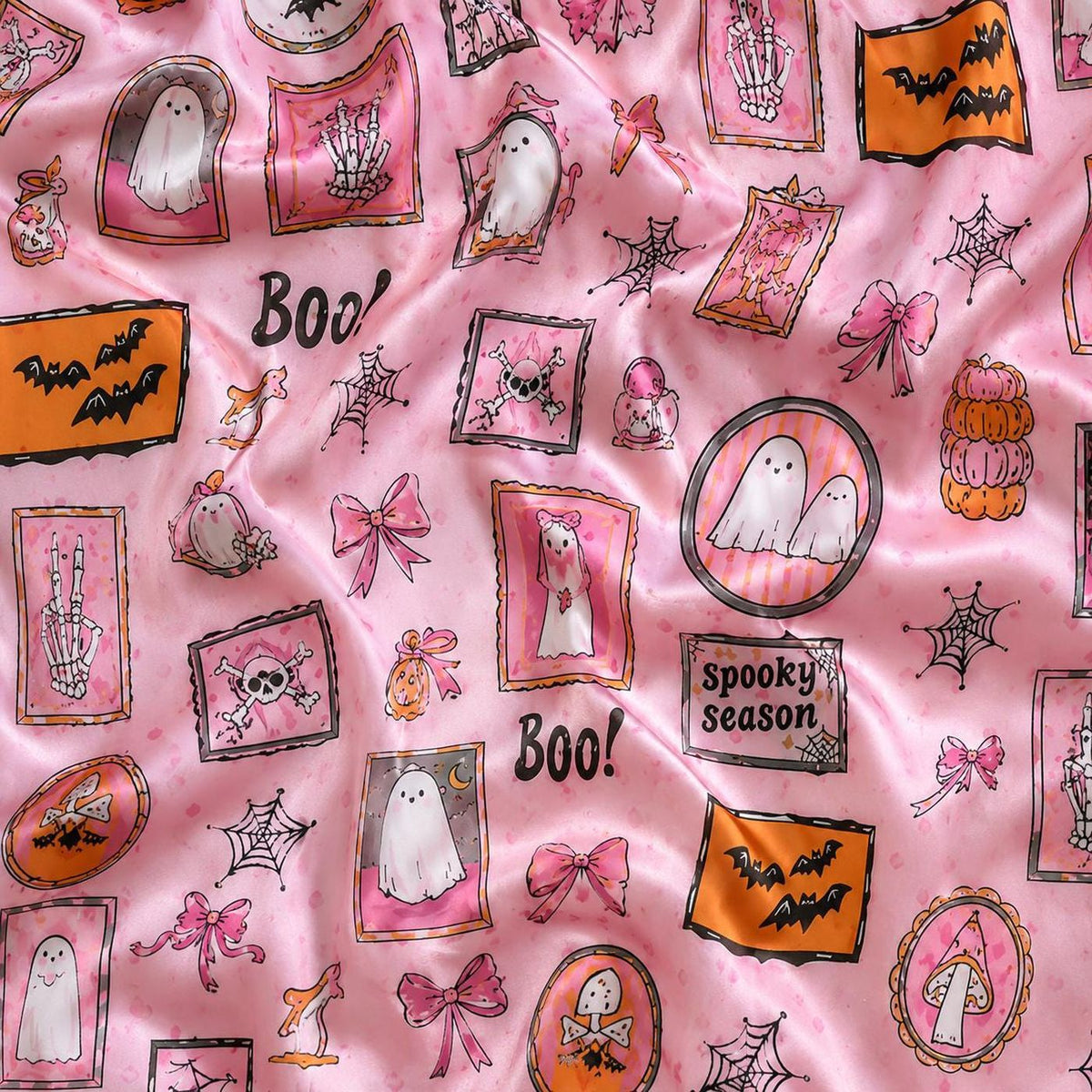 Pink Spooky Ghost Pumpkin Bat Bow Satin Pajama Set
