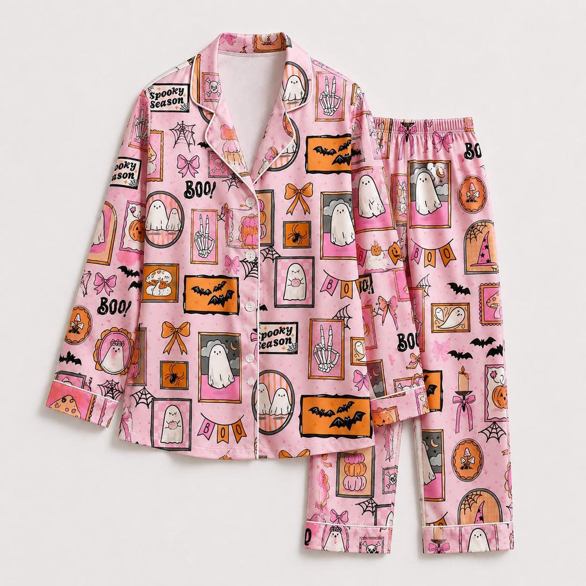 Pink Spooky Ghost Pumpkin Bat Bow Satin Pajama Set