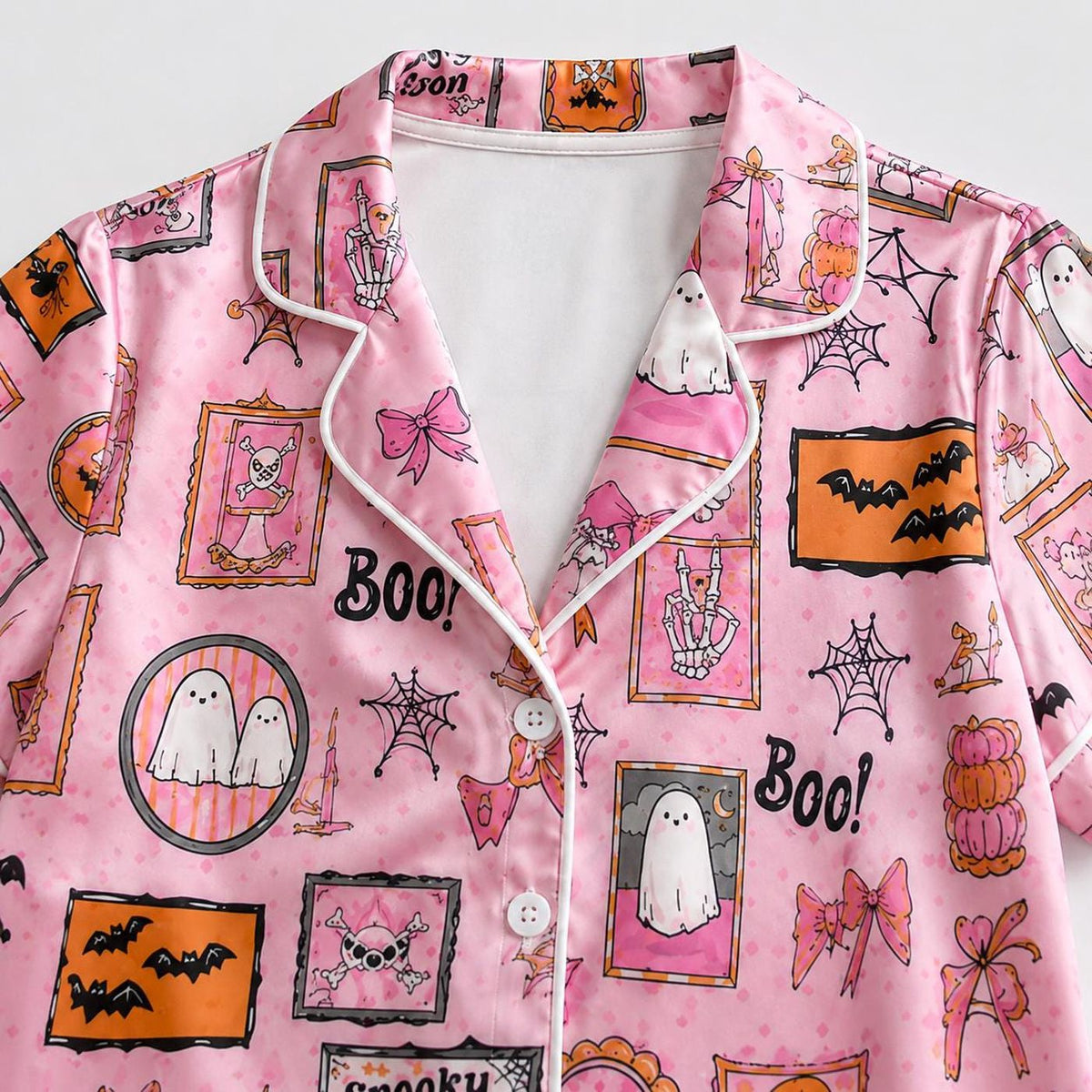 Pink Spooky Ghost Pumpkin Bat Bow Satin Pajama Set
