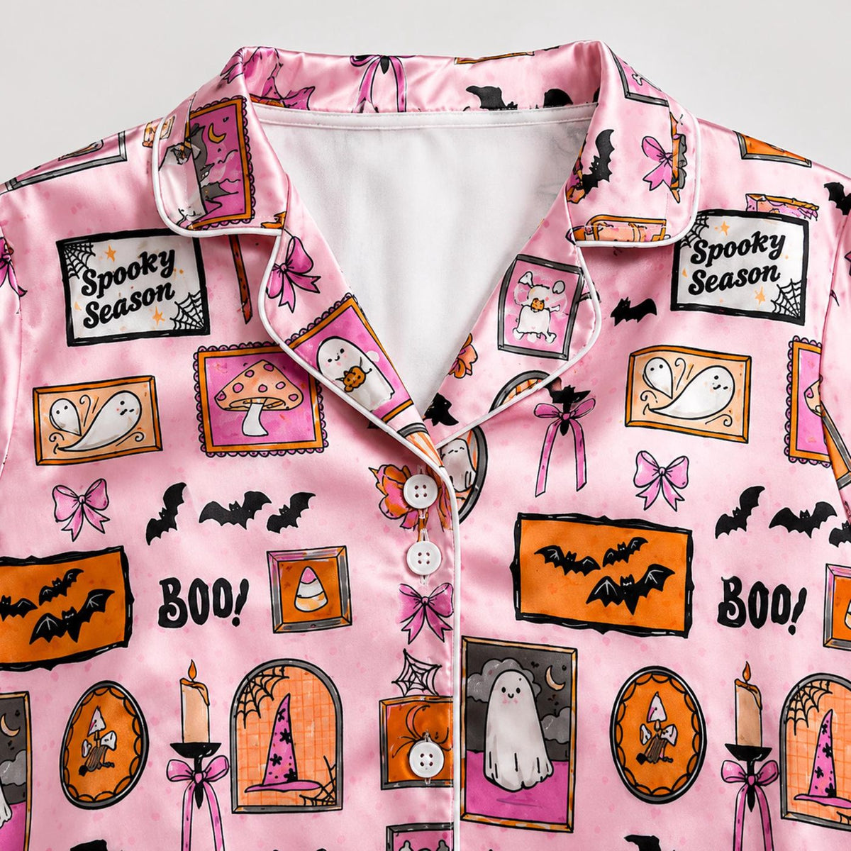 Pink Spooky Season Satin Pajama Set with Ghost Halloween Print Sleepwear