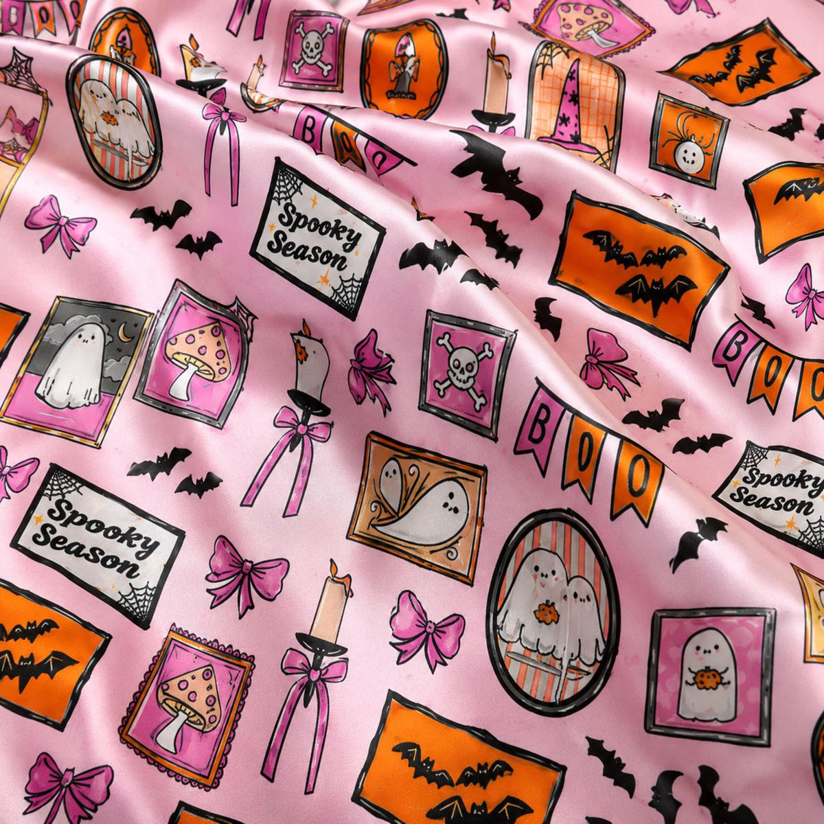 Pink Spooky Season Satin Pajama Set with Ghost Halloween Print Sleepwear