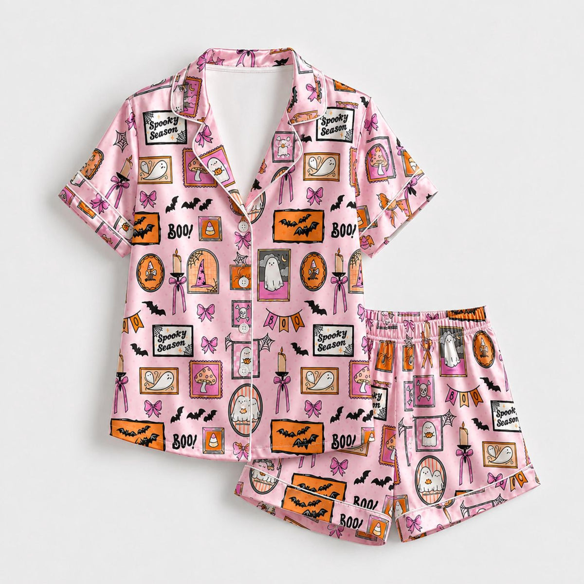 Pink Spooky Season Satin Pajama Set with Ghost Halloween Print Sleepwear