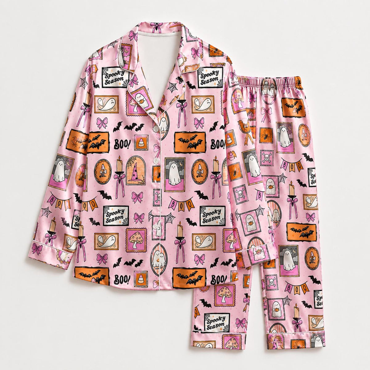 Pink Spooky Season Satin Pajama Set with Ghost Halloween Print Sleepwear
