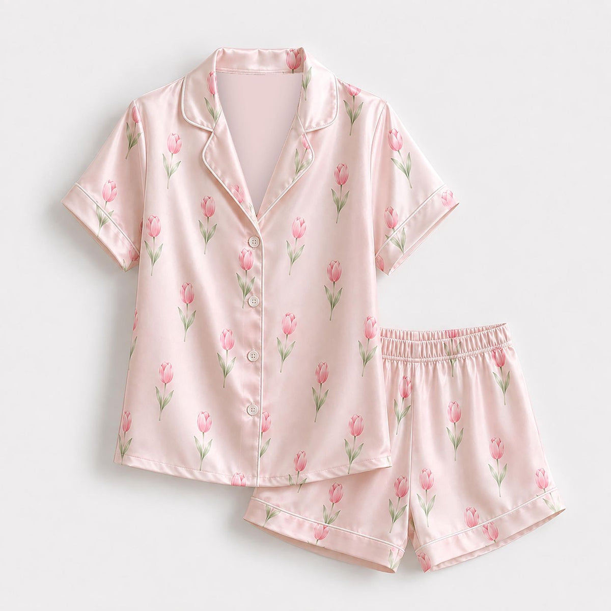 Botanical Pink Tulip Pajama Set: Stylish Loungewear Sleepwear Collection