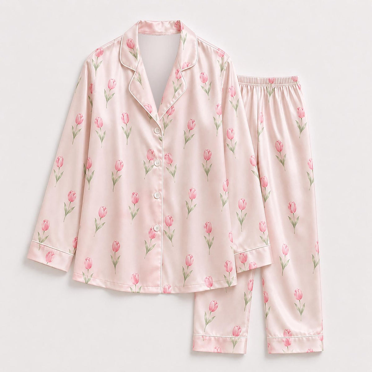Botanical Pink Tulip Pajama Set: Stylish Loungewear Sleepwear Collection