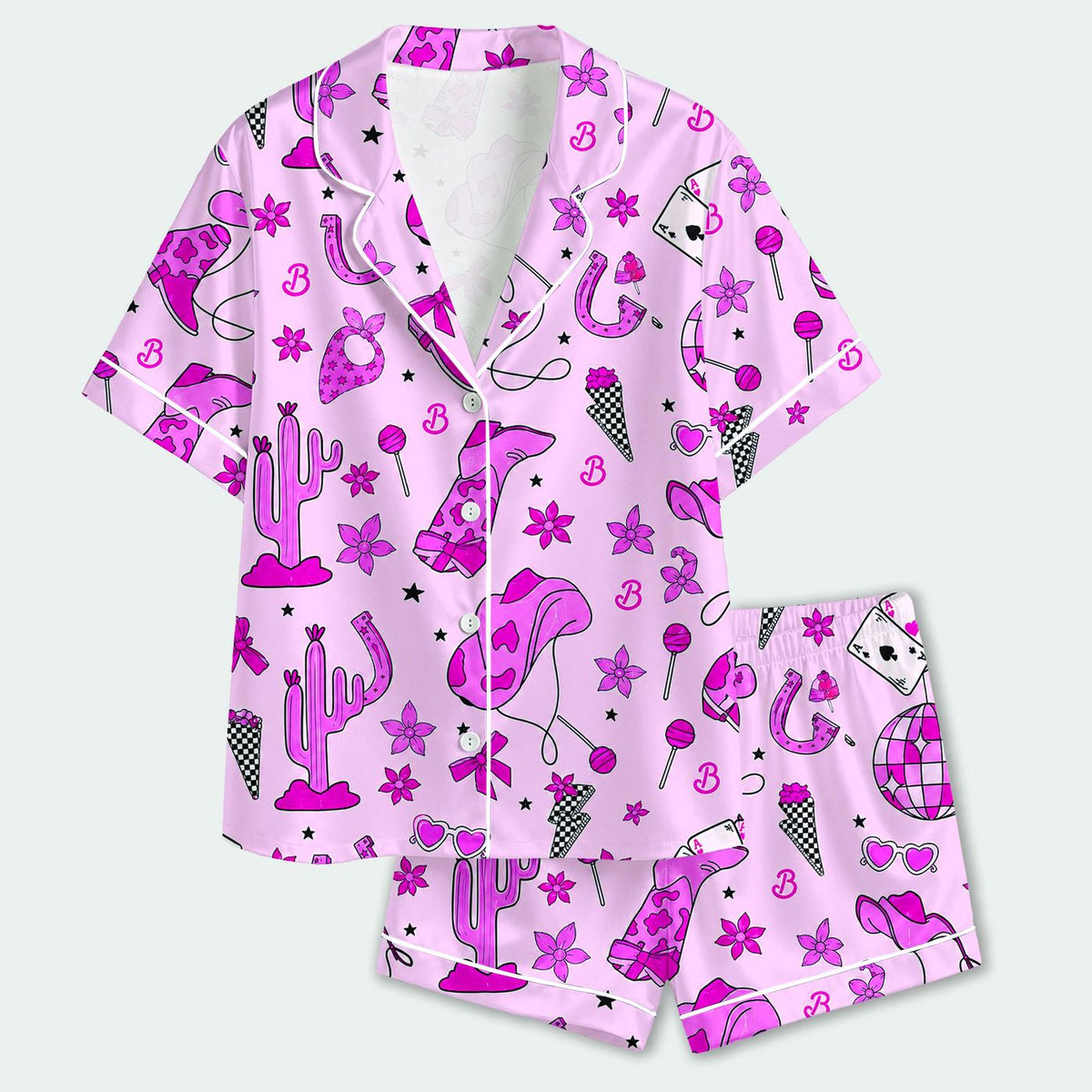 Western Flamingo Satin Pajama Set with Cactus Cowboy Boots - Cozy Desert Sleepwear