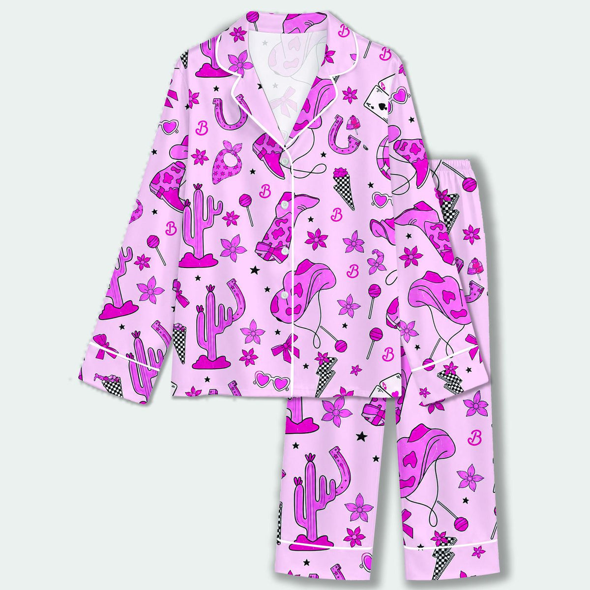 Cozy Pink Flamingo Western Pajama Set with Cowboy Boots & Desert Print