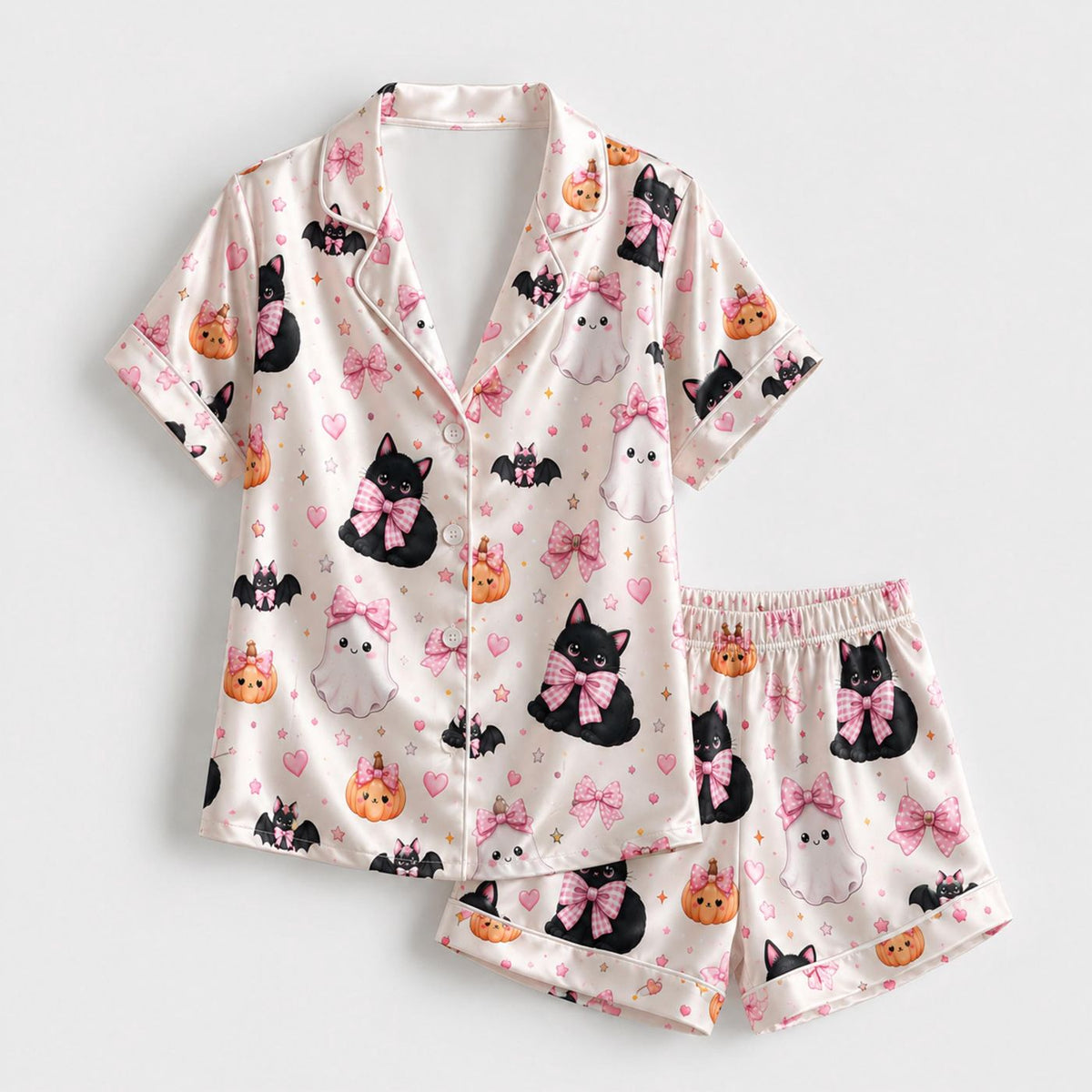 Get Cozy in Style with Playful Cat Halloween Satin Pajama Set - Spooky Feline Silhouettes & Geometric Pattern for Trendy Sleepwear