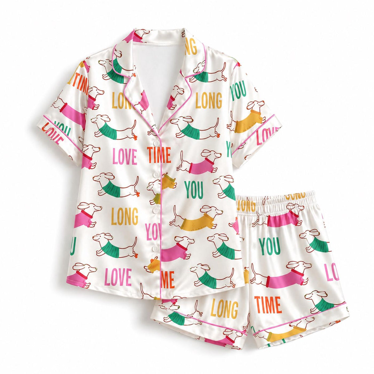 Adorable Dachshund Love Satin Pajama Set - Perfect Sleepwear for Dog Lovers