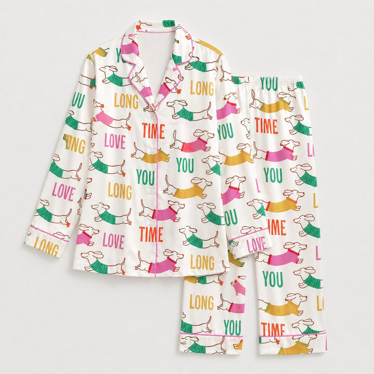 Adorable Dachshund Love Satin Pajama Set - Perfect Sleepwear for Dog Lovers