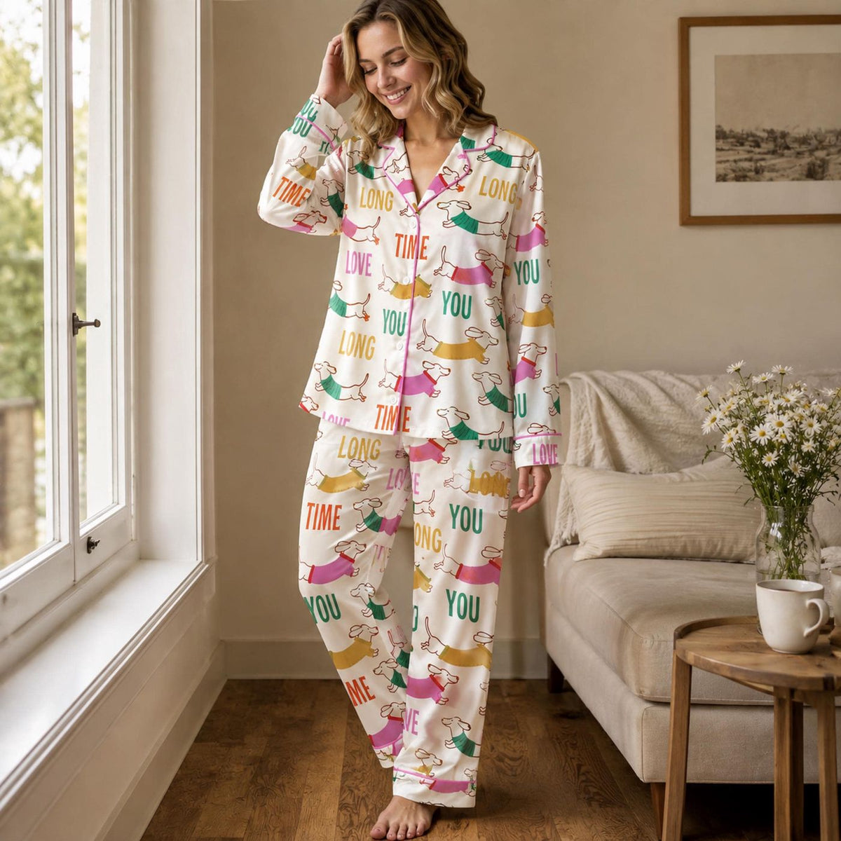 Adorable Dachshund Love Satin Pajama Set - Perfect Sleepwear for Dog Lovers