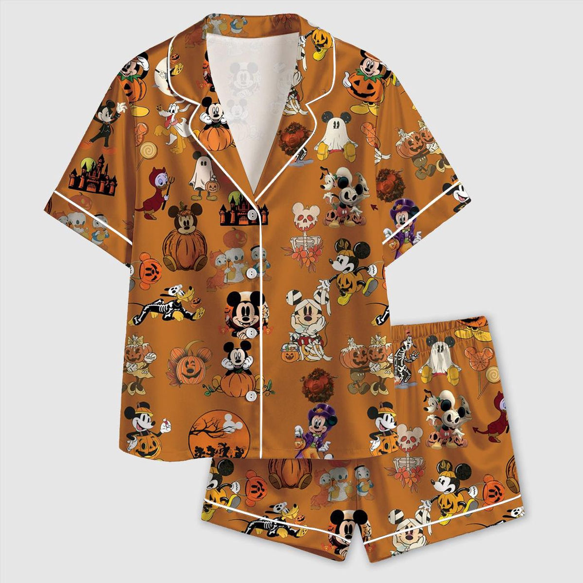 Playful Halloween Cartoon Satin Pajama Set with Costumed Characters Pumpkins Ghosts and Festive Autumn Pattern
