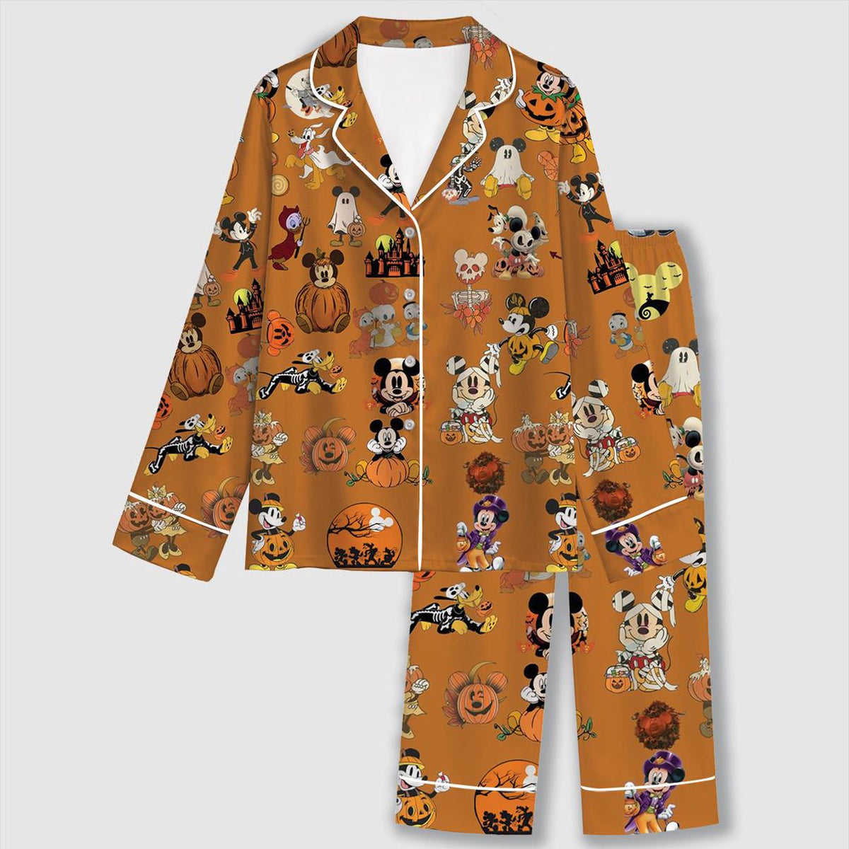 Playful Halloween Cartoon Satin Pajama Set with Costumed Characters Pumpkins Ghosts and Festive Autumn Pattern