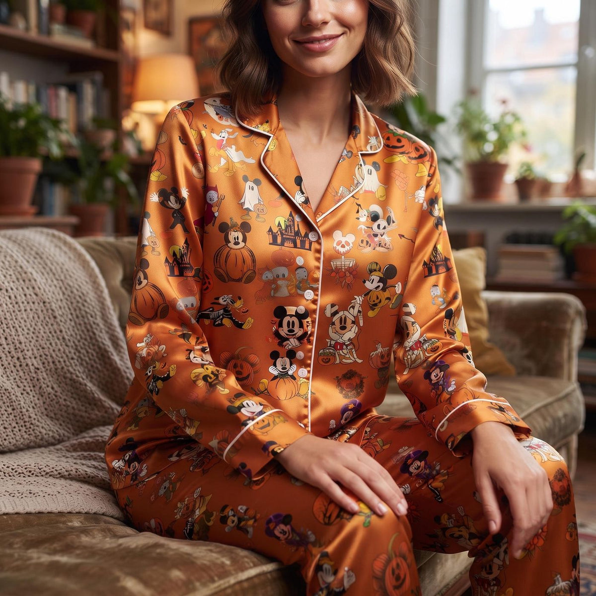 Playful Halloween Cartoon Satin Pajama Set with Costumed Characters Pumpkins Ghosts and Festive Autumn Pattern