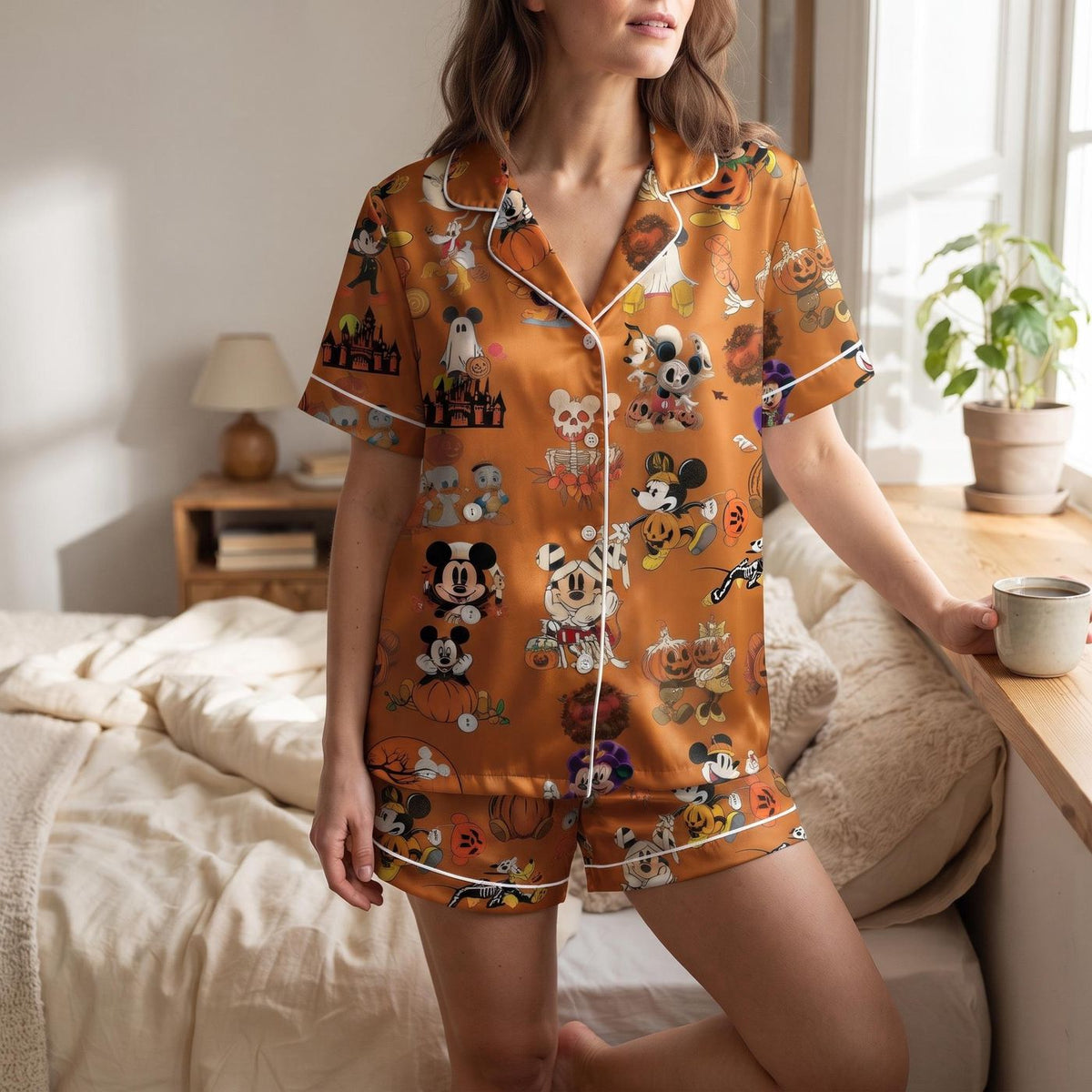 Playful Halloween Cartoon Satin Pajama Set with Costumed Characters Pumpkins Ghosts and Festive Autumn Pattern