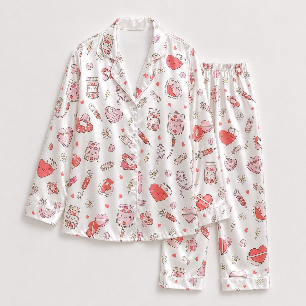 Playful Medical Satin Pajama Set: Bandages Medicine Bottles Hearts & Healthcare Pattern for Cozy Sleepwear