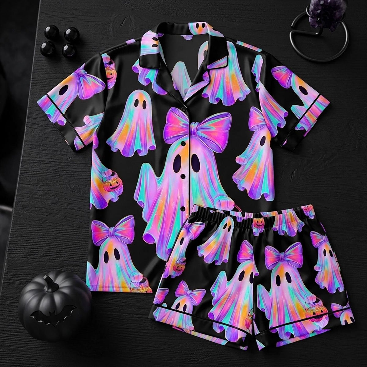 Preppy Halloween Ghost Pajamas Set - Cute Boo Coquette Floral Spooky Season Girly Pumpkin Gifts For Her
