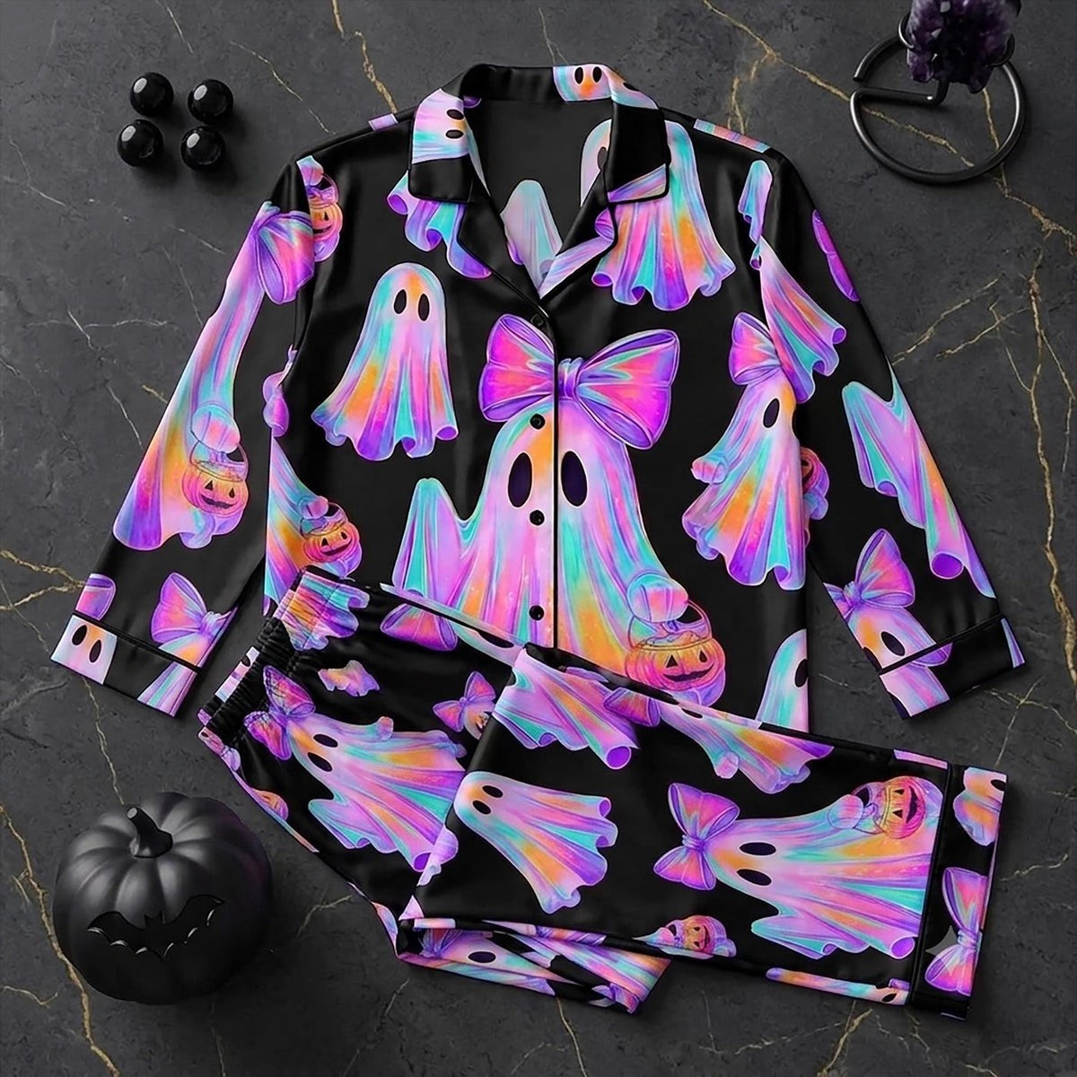 Preppy Halloween Ghost Pajamas Set - Cute Boo Coquette Floral Spooky Season Girly Pumpkin Gifts For Her
